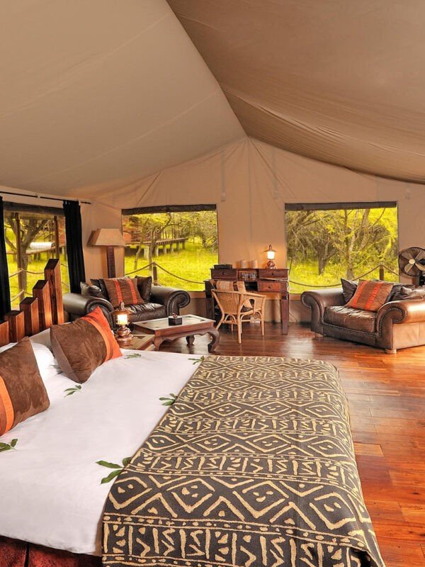 Serengeti Migration Camp, the camp is set among acacia trees and has a swimming pool, a dining area, and several tents that guests can stay in. In the distance, a herd of zebras can be seen grazing.